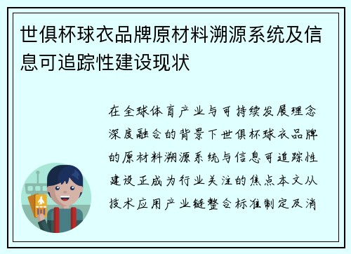 世俱杯球衣品牌原材料溯源系统及信息可追踪性建设现状